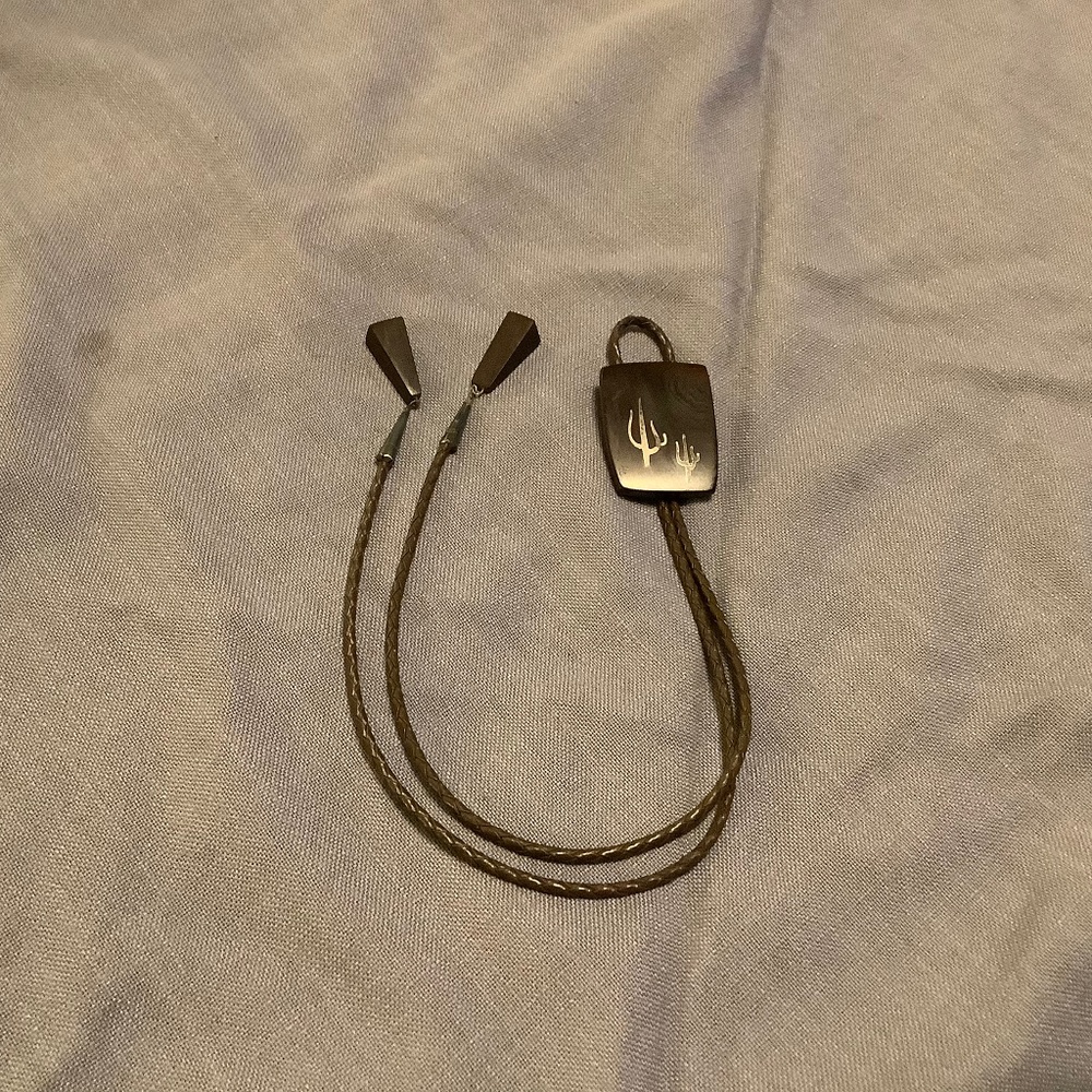 VINTAGE WOOD BOLO STERLING CACTUS